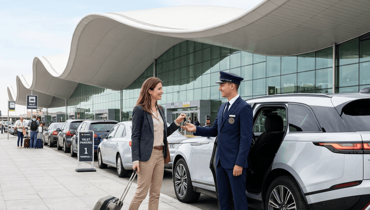 aparcacoches-valet-aeropuerto-barcelona Conductor de servicio aparcacoches recogiendo las llaves de un coche en la terminal del aeropuerto de Barcelona